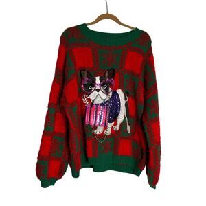 Holiday Time Boston Terrier Red Green Checkered Crewneck Long Sleeve Sweater XL